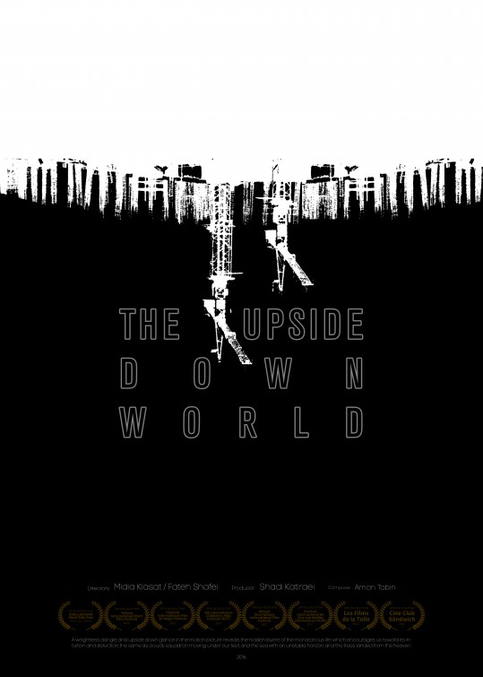 Black poster for The World Upside Down with an inverted white figure and waveform typography